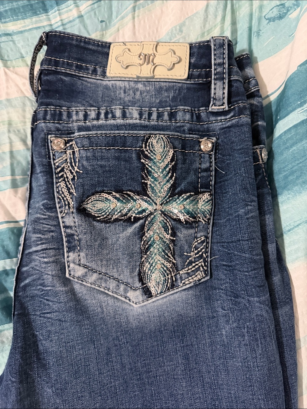 Miss Me Blue Boot Cut Jeans with Sequin Cross Pocket